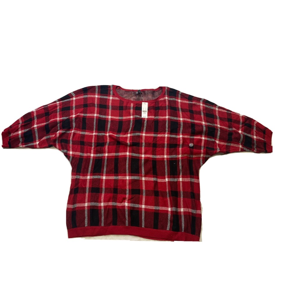 NWT New York & Company SOHO Jeans Women's Red Plaid Sweater Size XL 3/4 Sleeves